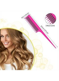 Patelai 3-Piece Styling Comb Set: Fluffy Brush, Rat Tail Comb, and Triple Back Combing Comb for Women (Rose Red)  - Image 3