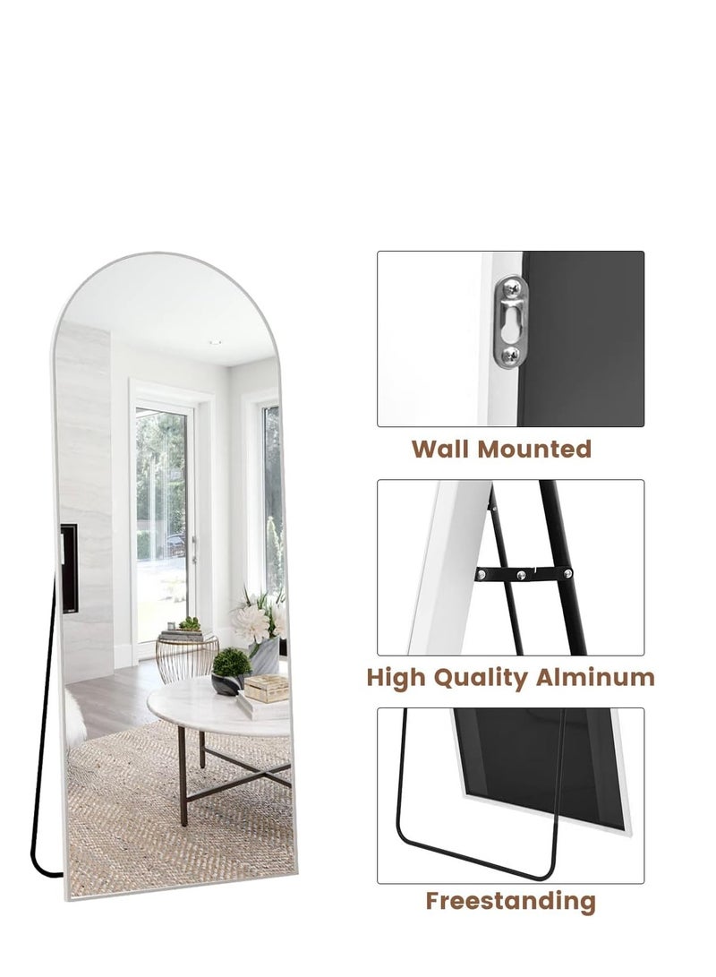 مرآة كاملة الطول مقوسة 165*60 سم، مرآة أرضية مقوسة مع قاعدة، مرآة كاملة الطول بزاوية قائمة، مرآة حائط معلقة أو مائلة، مرآة كاملة الجسم ذات قمة مقوسة لغرفة النوم (فضي، 65"x23.5") - Image 4