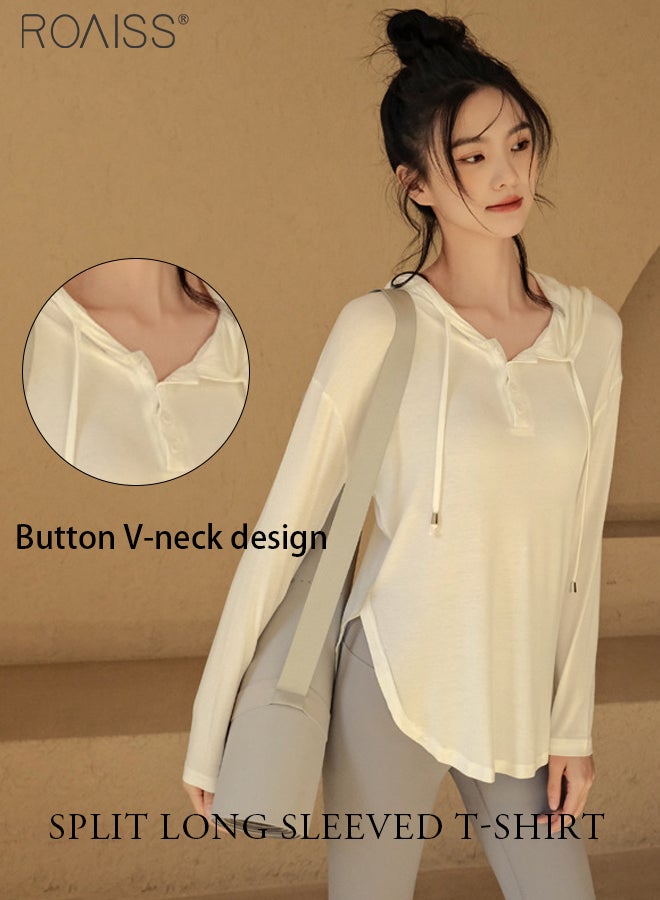 roaiss Casual Loose Hoodie For Women'S Daily Commuting Versatile Long-Sleeved V-Neck Top Adjustable Drawstring Side Slit Pullover - Image 4