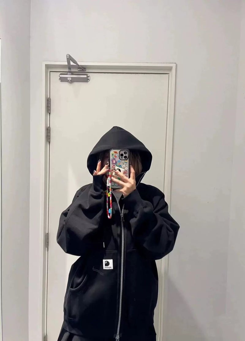 High quality Kaha carha joint name sac @ I fleece-lined hooded zipper cardigan sweater couples mens and womens hoodie Black - Image 4