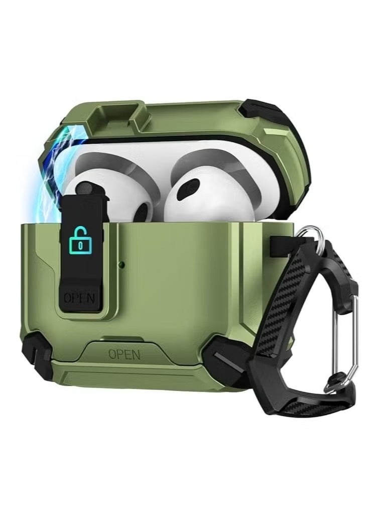 Compatible with  AirPods 3 4th Generation Case Cover, Compatible with, Magnetic Automatic Lock, Charging Port Dust-Proof & Stand Design with Cleaning Kit for  AirPods 3 Case  (Black/ Army Green)