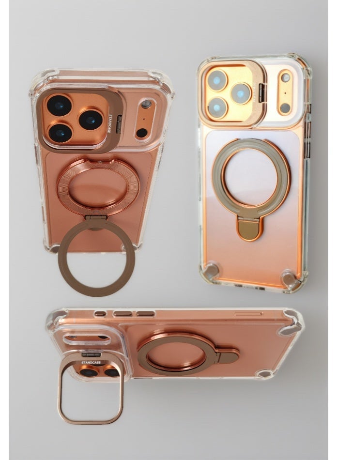 Phone Case Compatible with Apple iPhone 17Pro Max, Dual Stand (Lens Stand & Backplate Stand), Magnetic & Wireless Charging Support, Transparent Back Panel, Fingerprint-Resistant, Non-Yellowing, Copper-Colored Stand - Image 1