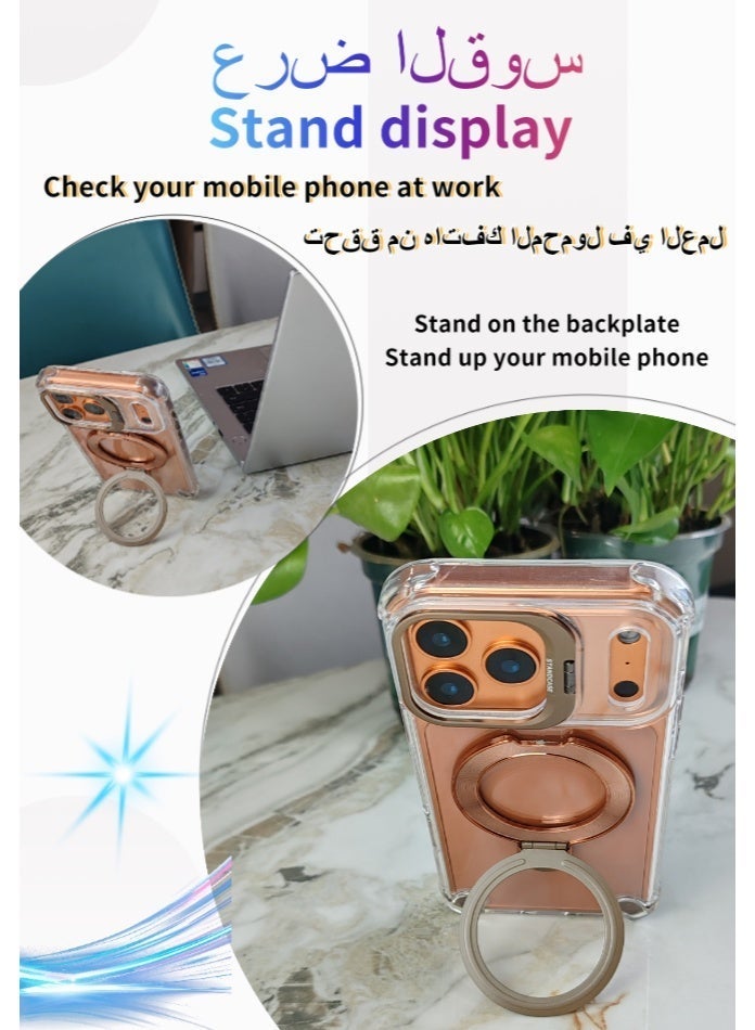 Phone Case Compatible with Apple iPhone 17Pro Max, Dual Stand (Lens Stand & Backplate Stand), Magnetic & Wireless Charging Support, Transparent Back Panel, Fingerprint-Resistant, Non-Yellowing, Copper-Colored Stand - Image 3