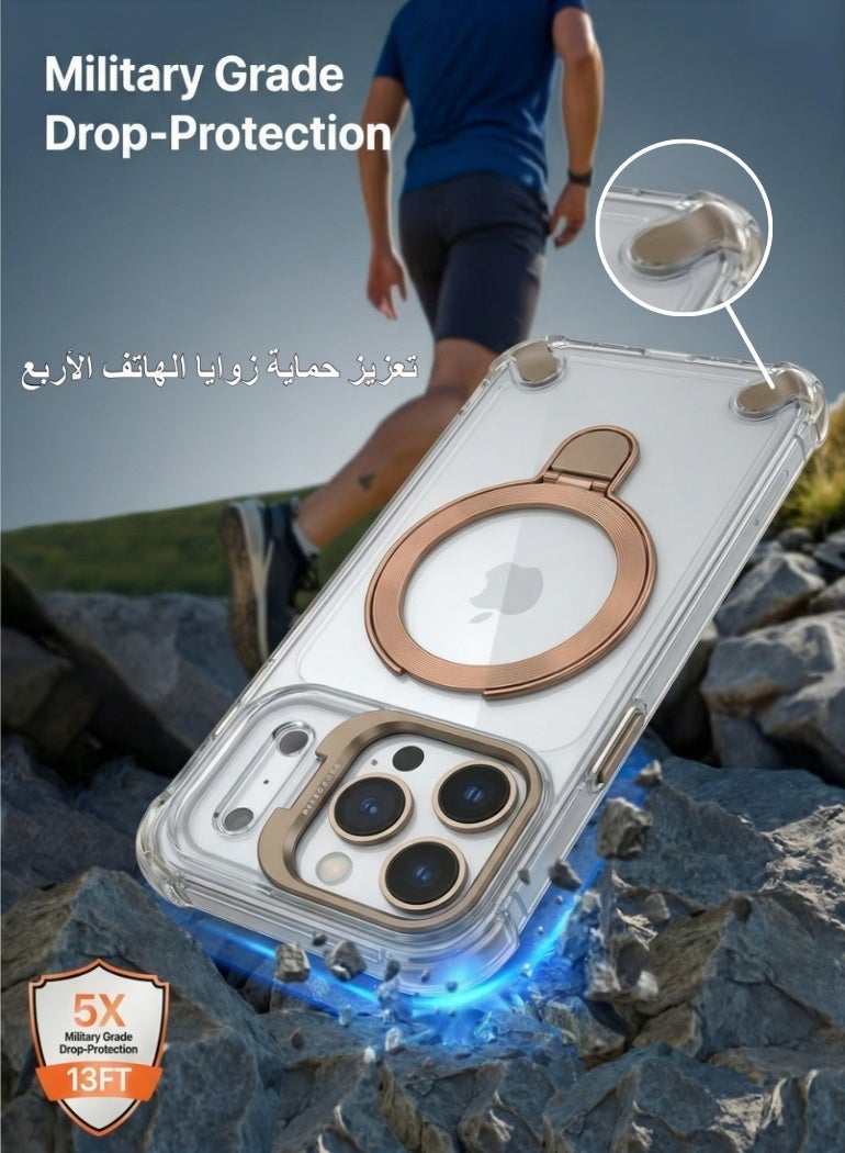 غطاء iPhone 17 Pro Max شفاف مقاوم للاصفرار - مواصفات عسكرية - متوافق مع MagSafe - مع حامل معدني وأنيق للمكالمات المرئية المكتبية (نحاسي) - Image 5