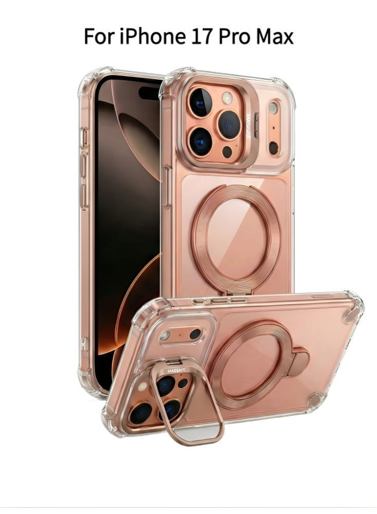 غطاء iPhone 17 Pro Max شفاف مقاوم للاصفرار - مواصفات عسكرية - متوافق مع MagSafe - مع حامل معدني وأنيق للمكالمات المرئية المكتبية (نحاسي) - Image 2