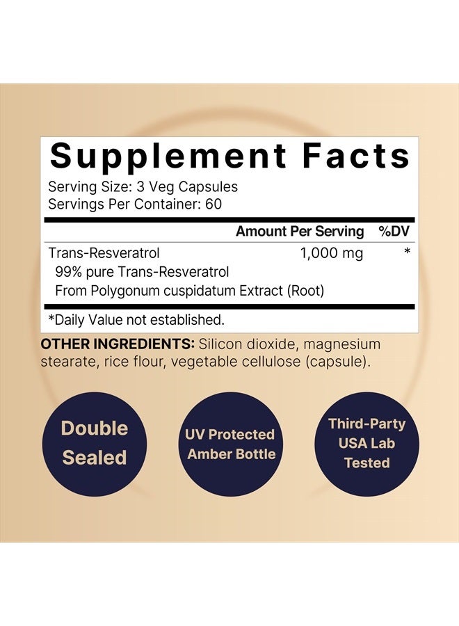 NatureBell Resveratrol Supplement 1000mg Per Serving, 180 Veggie Capsules, 99% Pure Trans-Resveratrol, Antioxidant for Healthy Aging, Brain & Heart Support – Non-GMO - Image 2