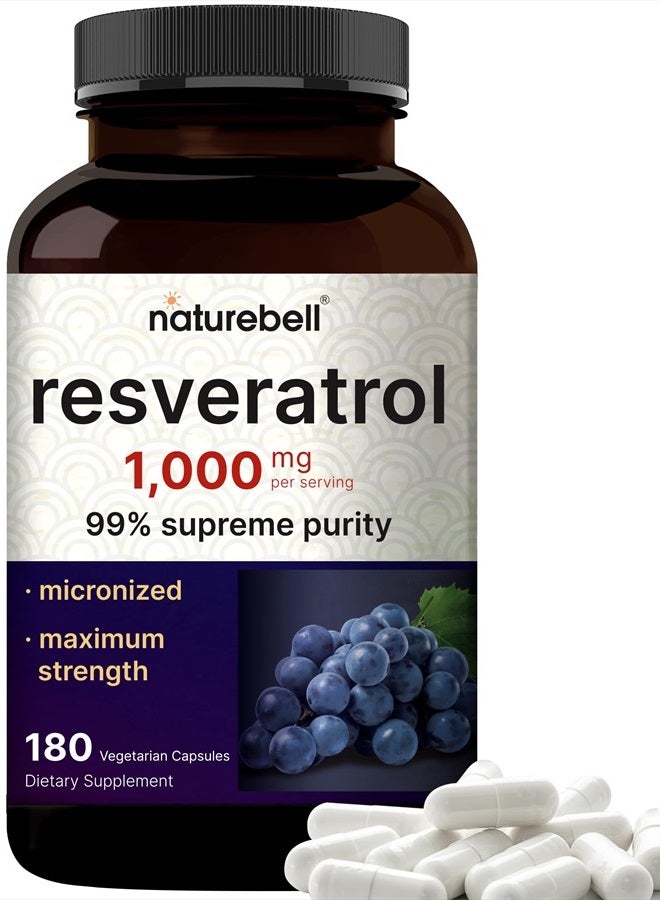 NatureBell Resveratrol Supplement 1000mg Per Serving, 180 Veggie Capsules, 99% Pure Trans-Resveratrol, Antioxidant for Healthy Aging, Brain & Heart Support – Non-GMO - Image 1