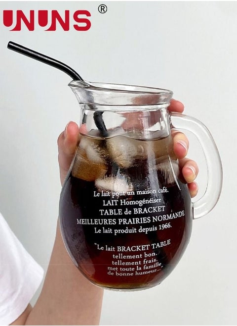 Coffee Cup With Straw,600ml Glass Coffee Mug With Handle,Iced Beer Can,French Letter Pattern,BPA Free