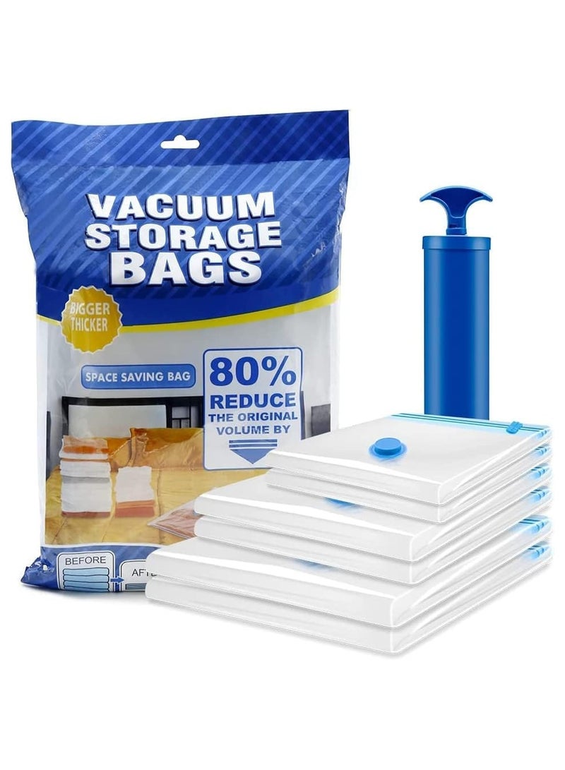 Vacuum Storage Bags, 6 Pack Reusable Space Saver Bags with Travel Hand Pump, Airtight No Leak, Blue, Clear Plastic Rectangular Zipper Closure, Ideal for Clothes, Bedding