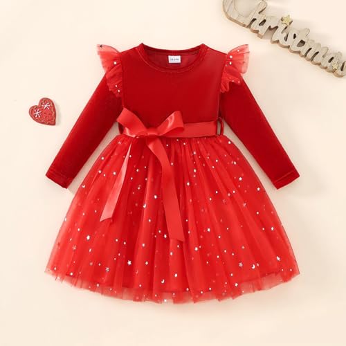 Noubeau Toddler Christmas Dress Baby Girls Ruffle Long Sleeve Tulle Velvet Dresses for Party Holiday Winter Outfits(Red,6-7 Years) - Image 3