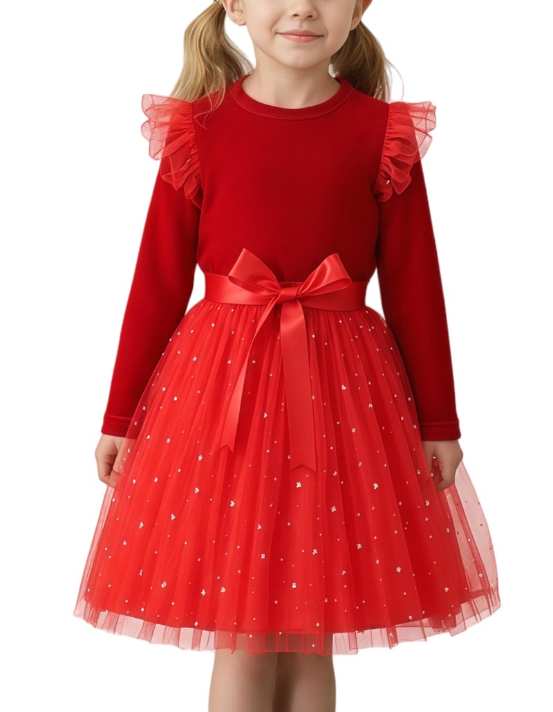 Noubeau Toddler Christmas Dress Baby Girls Ruffle Long Sleeve Tulle Velvet Dresses for Party Holiday Winter Outfits(Red,6-7 Years) - Image 1