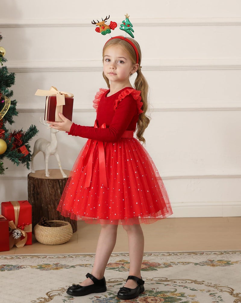 Noubeau Toddler Christmas Dress Baby Girls Ruffle Long Sleeve Tulle Velvet Dresses for Party Holiday Winter Outfits(Red,6-7 Years) - Image 2