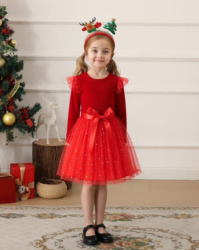 Noubeau Toddler Christmas Dress Baby Girls Ruffle Long Sleeve Tulle Velvet Dresses for Party Holiday Winter Outfits(Red,6-7 Years) - Image 4