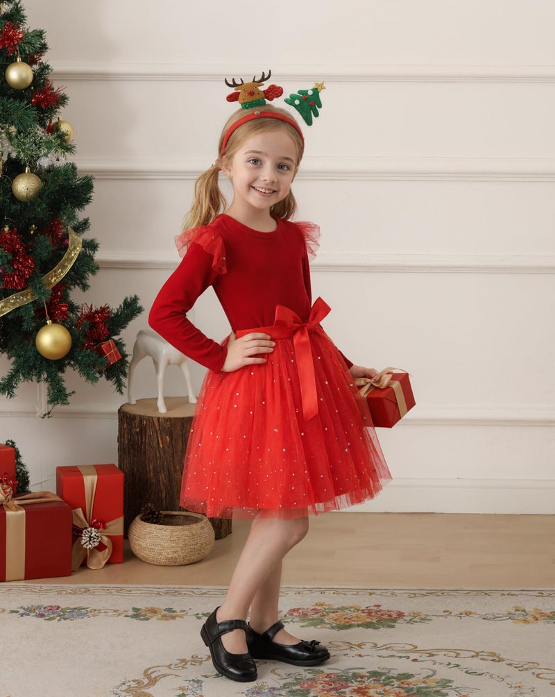 Noubeau Toddler Christmas Dress Baby Girls Ruffle Long Sleeve Tulle Velvet Dresses for Party Holiday Winter Outfits(Red,6-7 Years) - Image 5