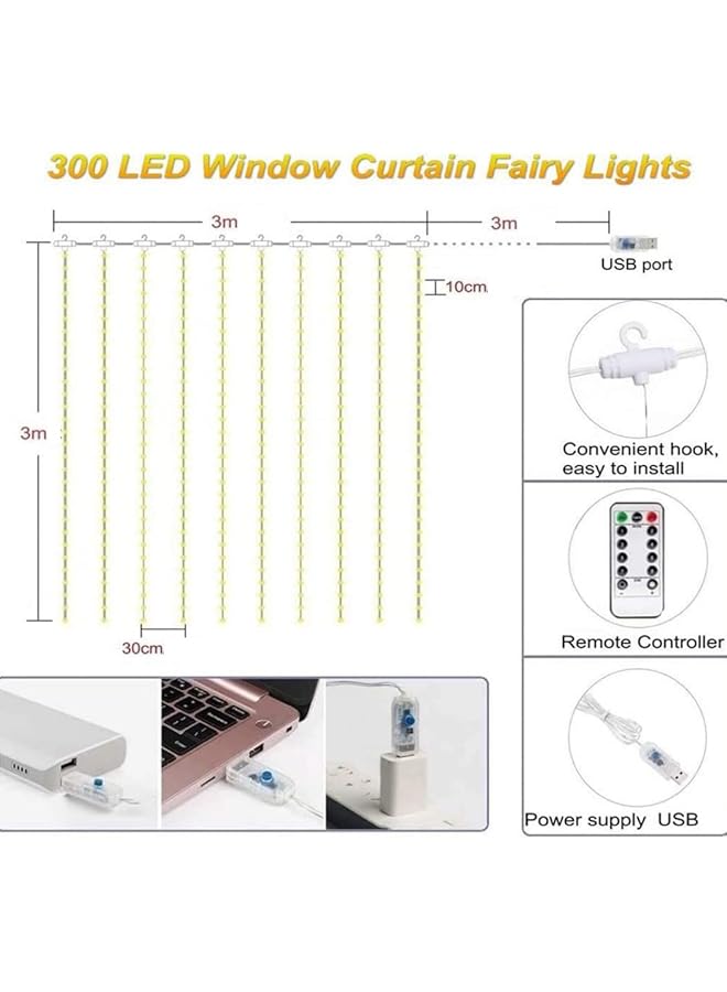 إيروريكس أضواء ستائر نافذة معلقة لعيد رمضان، أضواء عيد مبارك الخيالية 3X3 متر مع جهاز تحكم عن بعد 300 مصباح ليد، 8 أوضاع إضاءة يو إس بي، ديكورات رمضان لحفلات الحديقة، ديكور إسلامي إسلامي، أبيض دافئ - Image 5