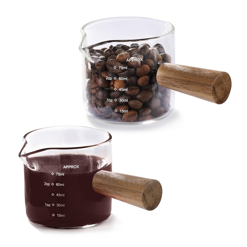 VRUIFA 2 Pack Measuring Cups, Espresso Shot Glass with Wood Handle, Clear Glass with Dual Scale, Espresso Accessories with Double Spouts, 2.5 OZ /75 ML - Image 1