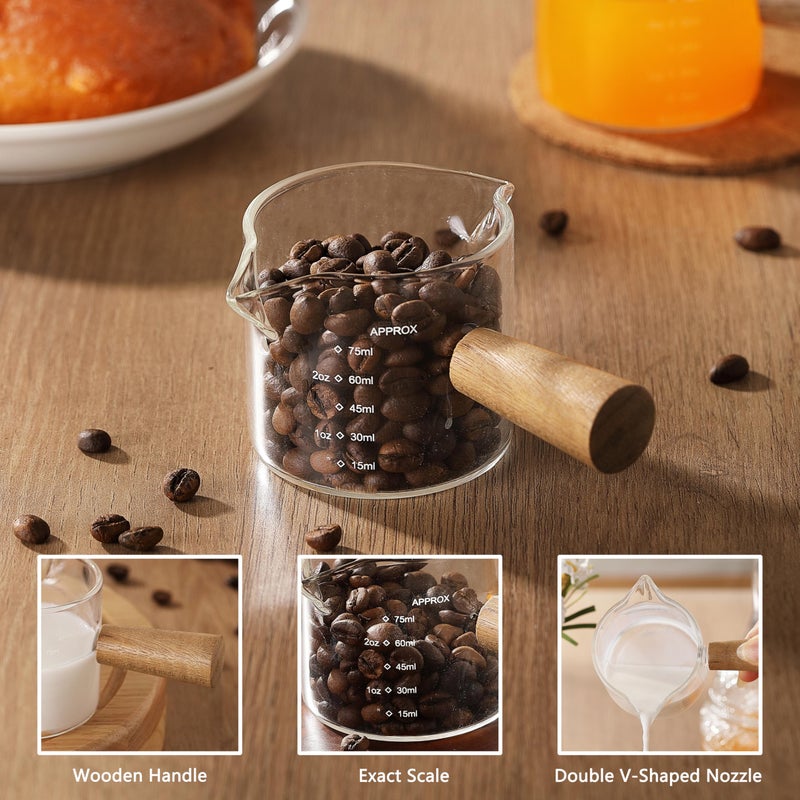 VRUIFA 2 Pack Measuring Cups, Espresso Shot Glass with Wood Handle, Clear Glass with Dual Scale, Espresso Accessories with Double Spouts, 2.5 OZ /75 ML - Image 3