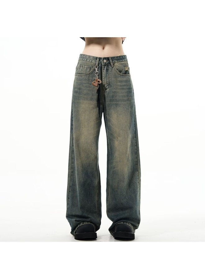 Spring, Autumn And Winter Design American High Street Retro Distressed Yellow Mud Jeans For Men And Women Straight Loose Trendy Brand Pants