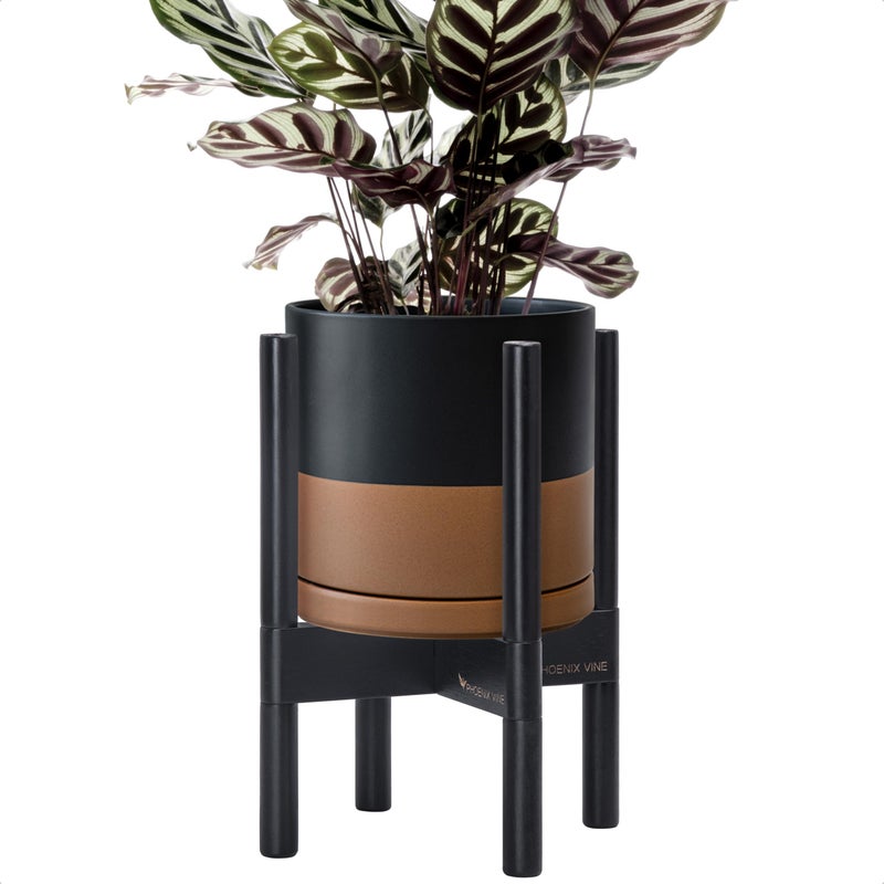D'vine Dev Ceramic Planter with Ebony Stand - 8 Inch Modern Round Flower Pot with Wood Planter Holder, Black/Speckled Tan, 55-B-M-7 - Image 1