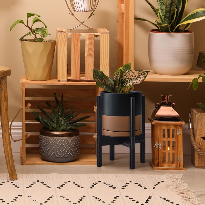 D'vine Dev Ceramic Planter with Ebony Stand - 8 Inch Modern Round Flower Pot with Wood Planter Holder, Black/Speckled Tan, 55-B-M-7 - Image 2