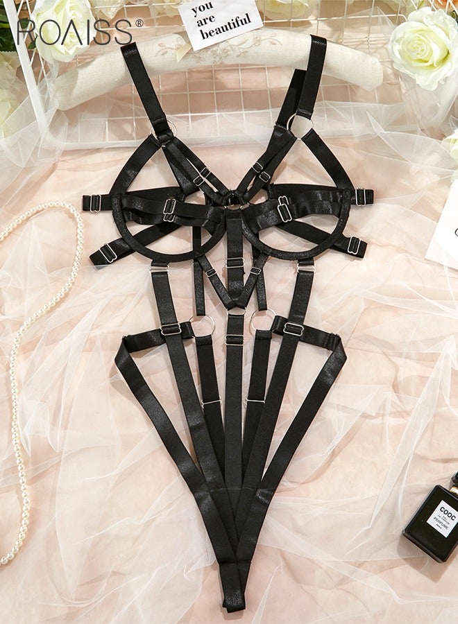 roaiss Thick Webbing Spliced Onesie Underwear for Women Hollow Design Suspender Bodysuit Ladies Adjustable Cage Bra Set Style Cosplay Costumes Outfits  - Image 1