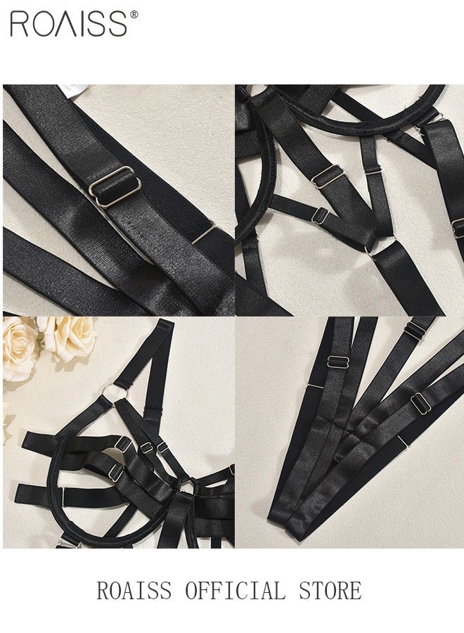 roaiss Thick Webbing Spliced Onesie Underwear for Women Hollow Design Suspender Bodysuit Ladies Adjustable Cage Bra Set Style Cosplay Costumes Outfits  - Image 2