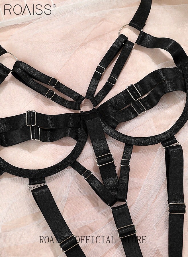 roaiss Thick Webbing Spliced Onesie Underwear for Women Hollow Design Suspender Bodysuit Ladies Adjustable Cage Bra Set Style Cosplay Costumes Outfits  - Image 3