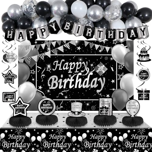 Halema Black and Silver Birthday Decorations BIack Birthday Decoretions for Men Women Boys Girls with Black Happy Birthday Banner Tablecloth Backdrop Balloons Arch Garland Kit Decorations Party Supplies - Image 1
