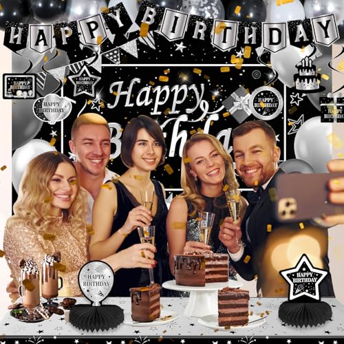Halema Black and Silver Birthday Decorations BIack Birthday Decoretions for Men Women Boys Girls with Black Happy Birthday Banner Tablecloth Backdrop Balloons Arch Garland Kit Decorations Party Supplies - Image 5