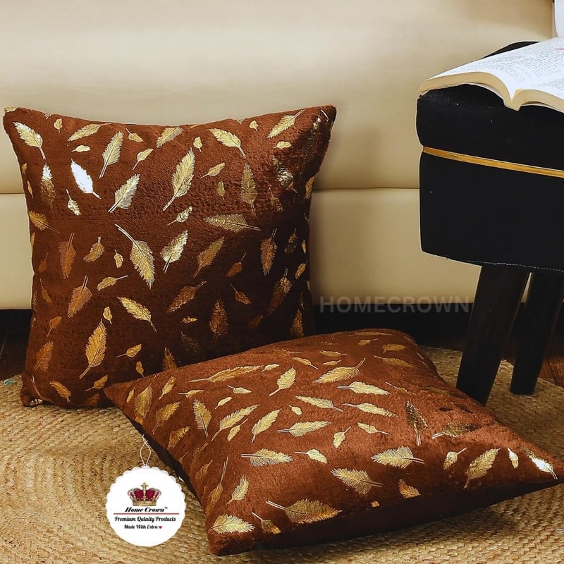 HOMECROWN Velvet Cushion Covers 16x16 Inch – Set of 2 Pcs, Golden Feather Print, Soft Faux Fur Decorative Throw Pillow Covers for Sofa, Couch, Bed, Living Room (Brown) - Image 5