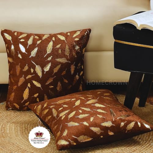 HOMECROWN Velvet Cushion Covers 16x16 Inch – Set of 2 Pcs, Golden Feather Print, Soft Faux Fur Decorative Throw Pillow Covers for Sofa, Couch, Bed, Living Room (Brown) - Image 1