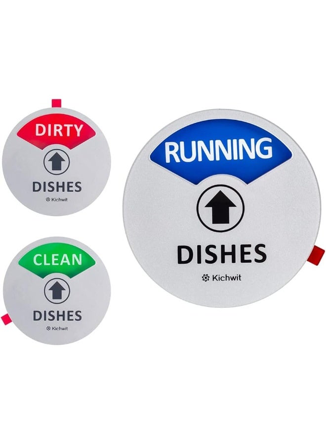 Kichwit Clean Dirty Dishwasher Magnet with The 3rd Option â€œRunningâ€, Perfect for Quiet Dishwashers, Non-Scratch Strong Magnet Backing, Residue Free Adhesive Included, 3.5â€ Diameter, Silver - Image 1