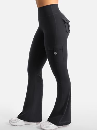 YEOREO CoreFlex Women Workout Flare Leggings with Pockets Hidden Scrunch High Waisted Cargo Gym Yoga Leggings Black L - Image 5
