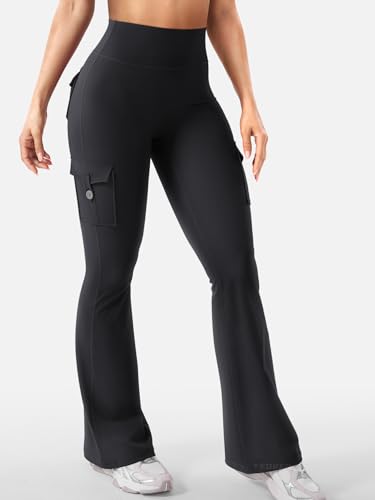 YEOREO CoreFlex Women Workout Flare Leggings with Pockets Hidden Scrunch High Waisted Cargo Gym Yoga Leggings Black L - Image 4