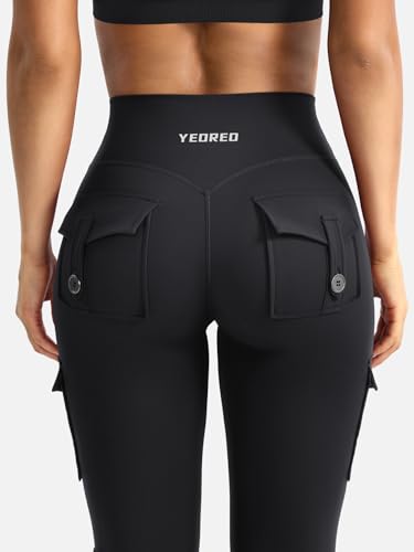YEOREO CoreFlex Women Workout Flare Leggings with Pockets Hidden Scrunch High Waisted Cargo Gym Yoga Leggings Black L - Image 3