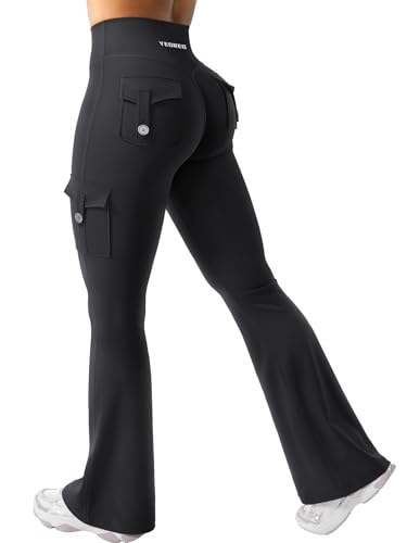YEOREO CoreFlex Women Workout Flare Leggings with Pockets Hidden Scrunch High Waisted Cargo Gym Yoga Leggings Black L - Image 1