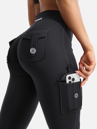 YEOREO CoreFlex Women Workout Flare Leggings with Pockets Hidden Scrunch High Waisted Cargo Gym Yoga Leggings Black L - Image 2
