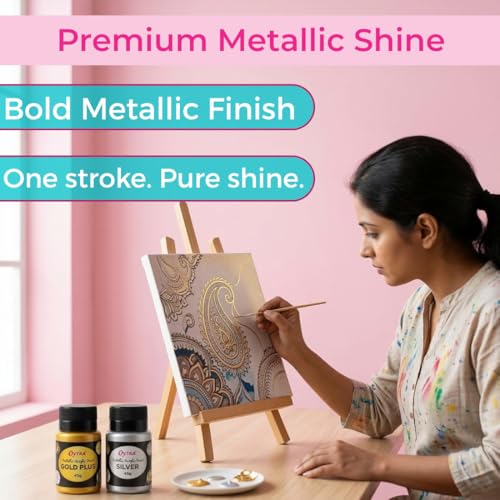 Oytra Gold Silver Metallic Paint Acrylic Colour Set for Metal Ideal for Professionals Artist Painters Craft Materials DIY Painting Drawing on Canvas Wall Wood Glass Car Rock Steel Surfaces - Image 4