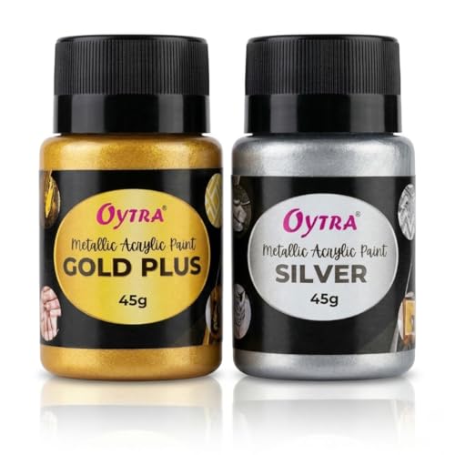 Oytra Gold Silver Metallic Paint Acrylic Colour Set for Metal Ideal for Professionals Artist Painters Craft Materials DIY Painting Drawing on Canvas Wall Wood Glass Car Rock Steel Surfaces - Image 1
