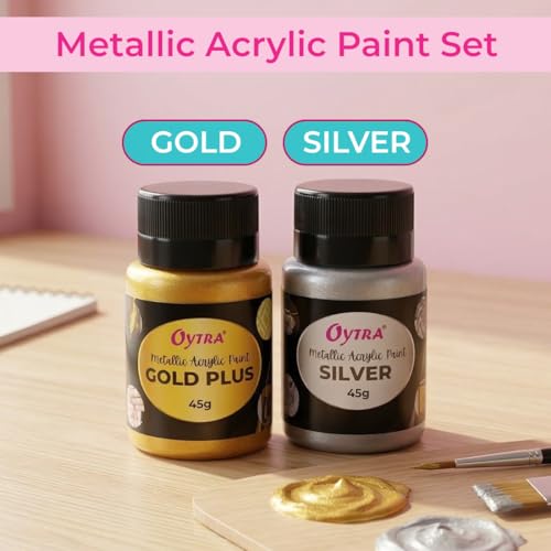 Oytra Gold Silver Metallic Paint Acrylic Colour Set for Metal Ideal for Professionals Artist Painters Craft Materials DIY Painting Drawing on Canvas Wall Wood Glass Car Rock Steel Surfaces - Image 3