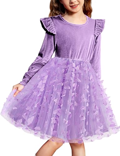 Arshiner Tulle Toddler Dress Velvet Fall Long Sleeve Party Fairy Outfit Purple Butterfly Size 6 - Image 1