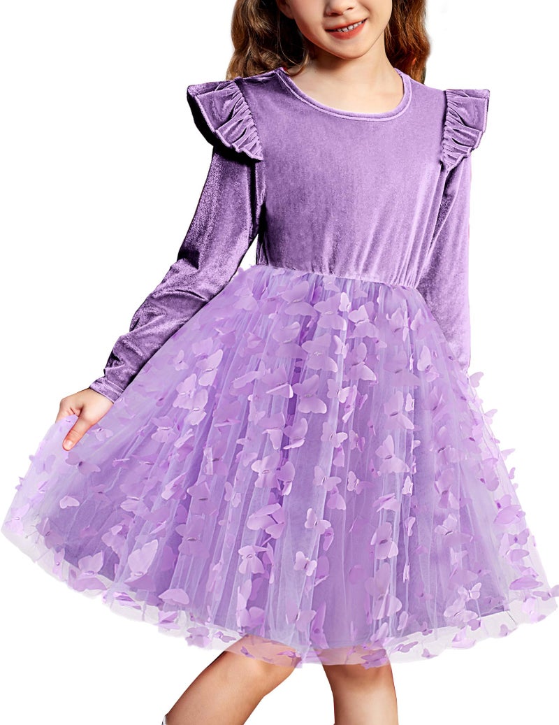 Arshiner Tulle Toddler Dress Velvet Fall Long Sleeve Party Fairy Outfit Purple Butterfly Size 6 - Image 2