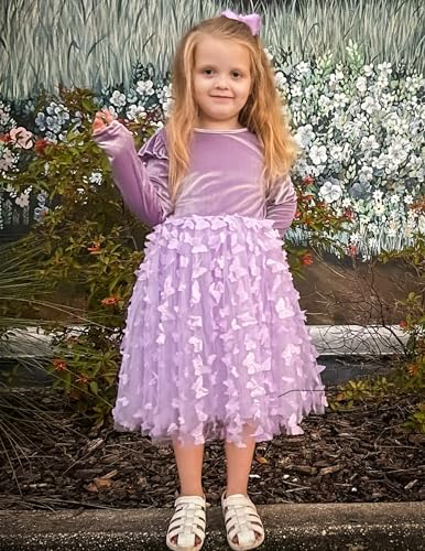 Arshiner Tulle Toddler Dress Velvet Fall Long Sleeve Party Fairy Outfit Purple Butterfly Size 6 - Image 3