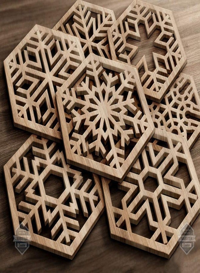 NABSTER Handmade Snowflake Wooden Coaster for Home Kitchen, Office Desk Set of 6 Coasters with Durable Water-Resistant Coating Coating (4 x 4 Inch) - Walnut