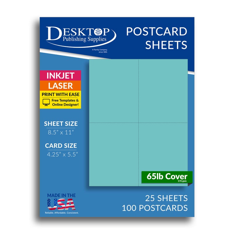 Desktop Publishing Supplies Blank Colored 4-up Postcard Paper by Desktop Publishing Supplies - 25 Sheets / 100 Postcards Pack - Printable with Laser or Inkjet Printer - USPS Approved Size - Plain Matte Cardstock (Bright Yellow) - Image 2