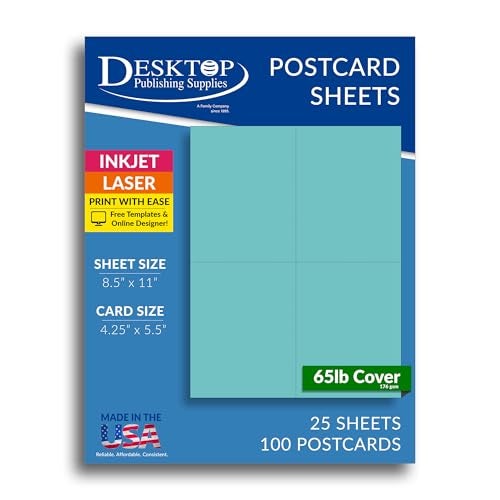 Desktop Publishing Supplies Blank Colored 4-up Postcard Paper by Desktop Publishing Supplies - 25 Sheets / 100 Postcards Pack - Printable with Laser or Inkjet Printer - USPS Approved Size - Plain Matte Cardstock (Bright Yellow) - Image 1