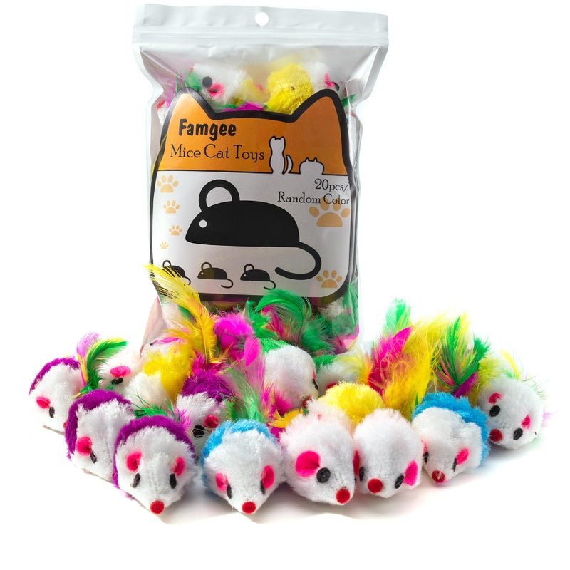 Famgee 20 PCS Furry Cat Toys Squeak Mouse Rattle Mice Cat Catcher Pet Toys with Feather Tails Random Color - Image 2