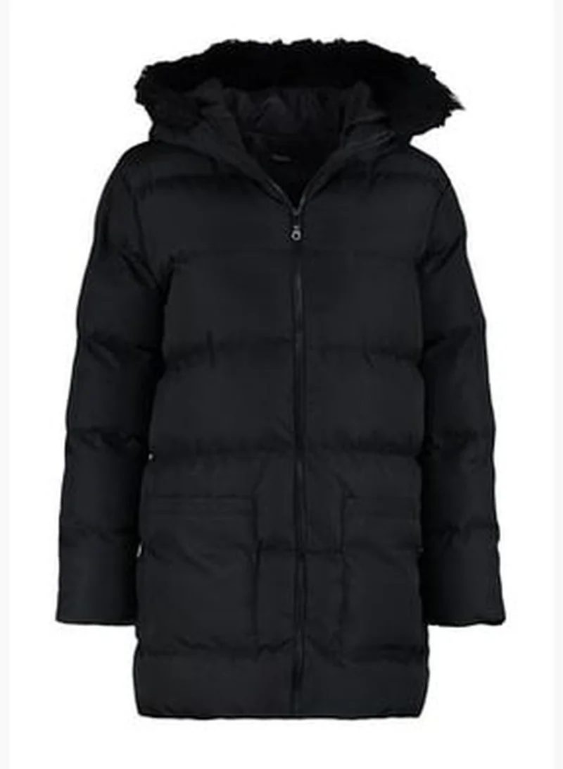 trendyol Black Oversized Fur Coat with a Hooded Water-Repellent Inflatable Coat TWOAW23MO00136