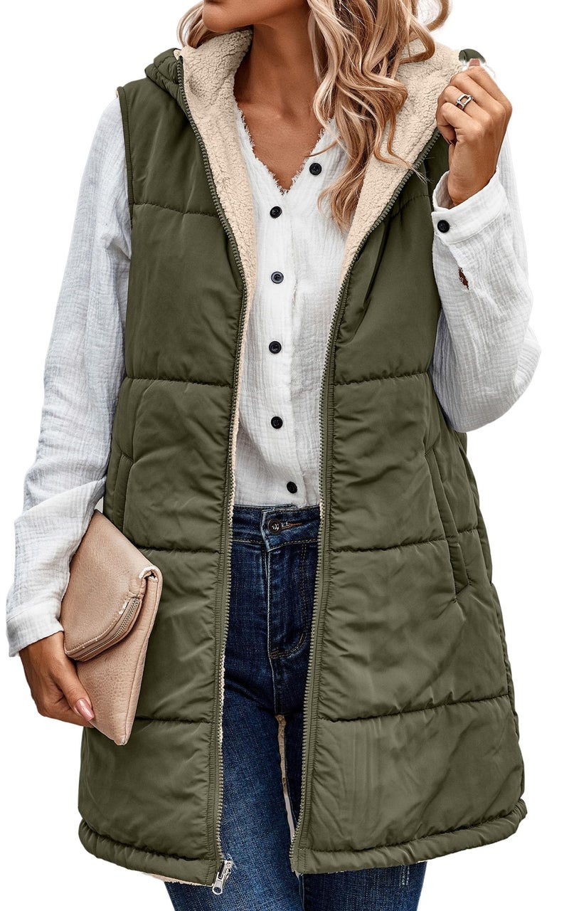 ECOWISH Women Long Puffer Vest Fall Zip up Reversible Fleece Jacket 2025 Winter Warm Sleeveless Hooded Coat with Pockets Army Green L