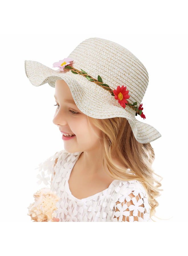 Bienvenu Sun Straw Hat Kids Girls Large Wide Brim Travel Beach Beanie Cap, Beige, One Size - Image 1